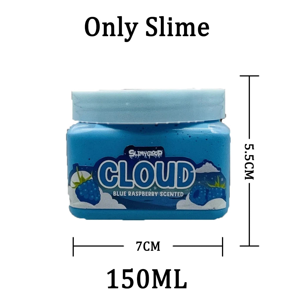 A jar of blue slime labeled Cloud Blue Raspberry Scented with a 5.5cm height and 150ml volume.