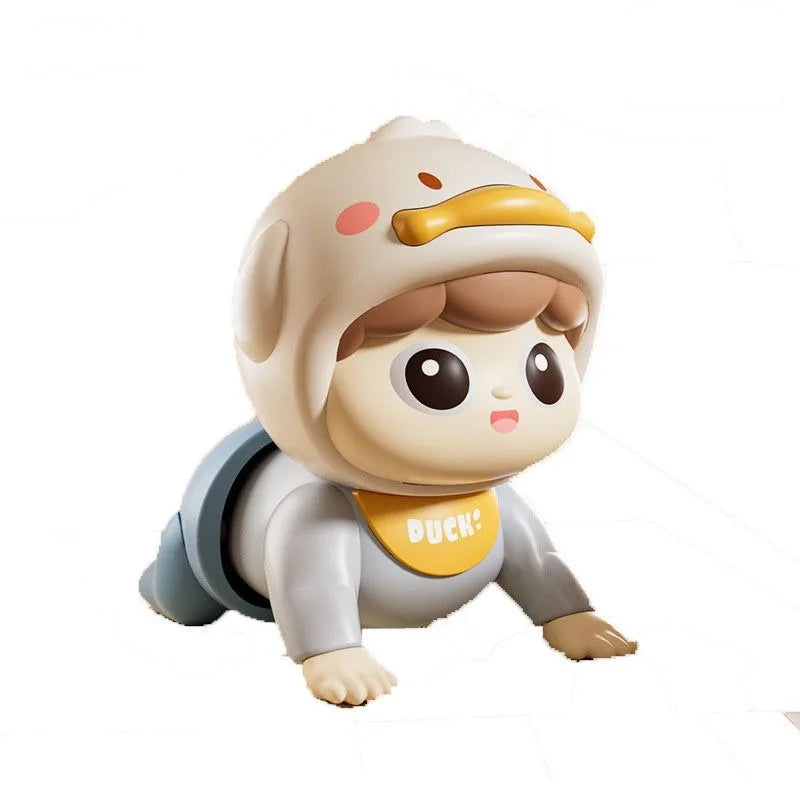 A cute, light-colored baby doll with a hood and yellow accents is shown in a close-up view.