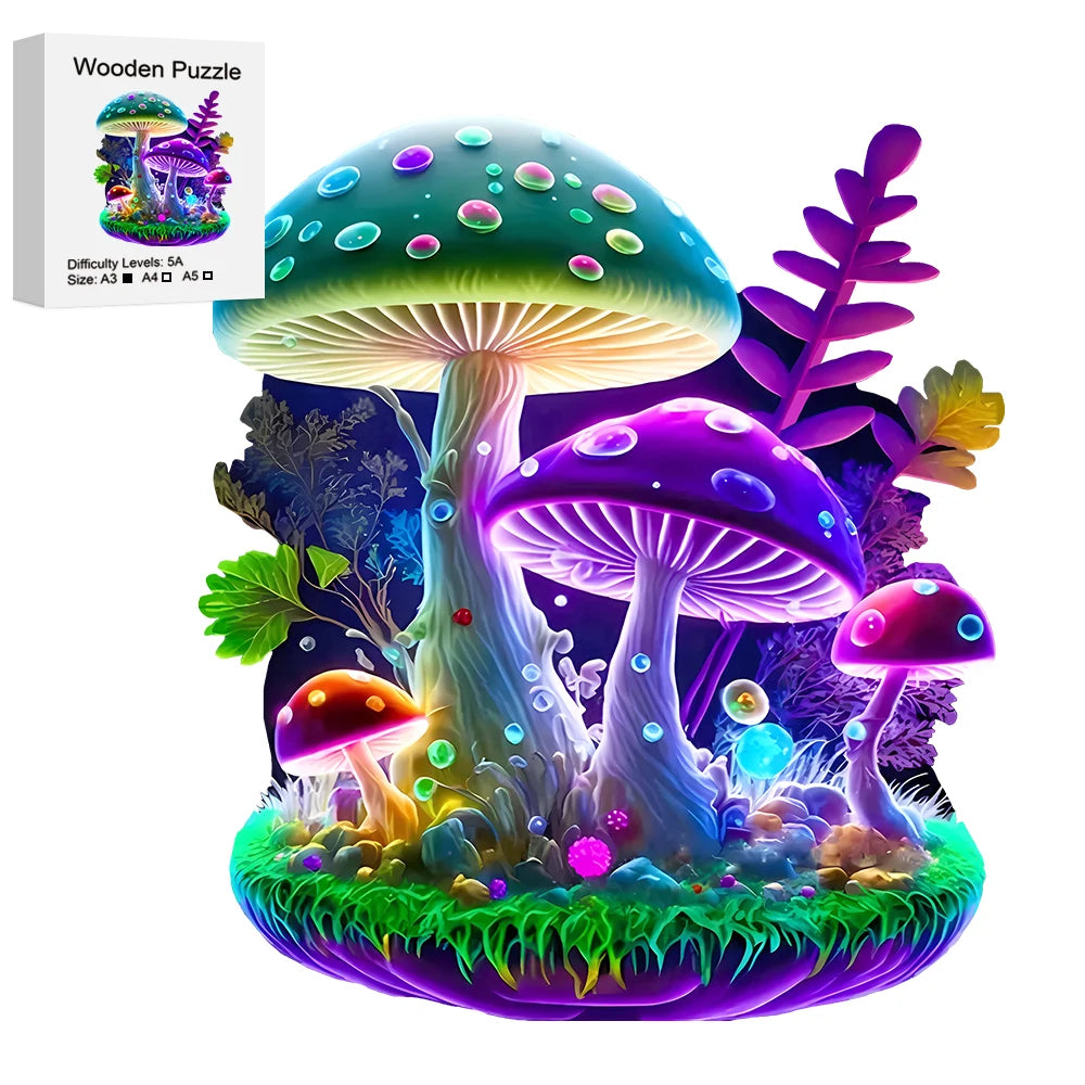 A colorful wooden puzzle depicting giant mushrooms and forest elements.