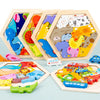 A set of wooden 3D jigsaw puzzles featuring various animals and shapes for children.