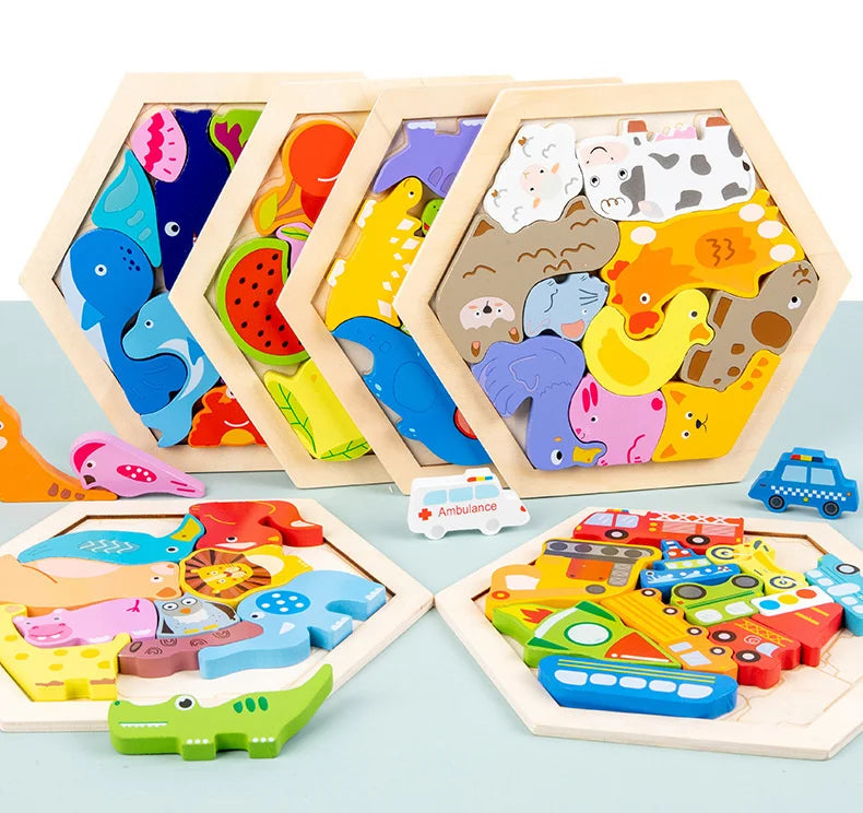 A set of wooden 3D jigsaw puzzles featuring various animals and shapes for children.