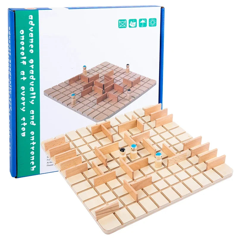 A wooden strategy chess game board with pieces and a box showing instructions for brain training.