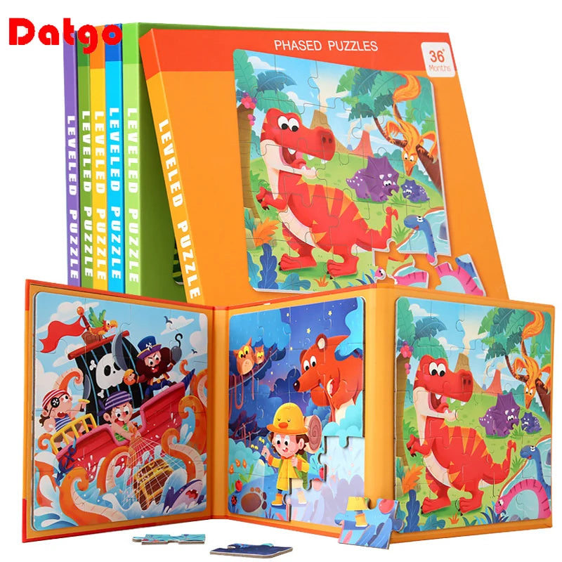 A box set of themed magnetic puzzles featuring vehicles, ocean life, and dinosaurs for children.