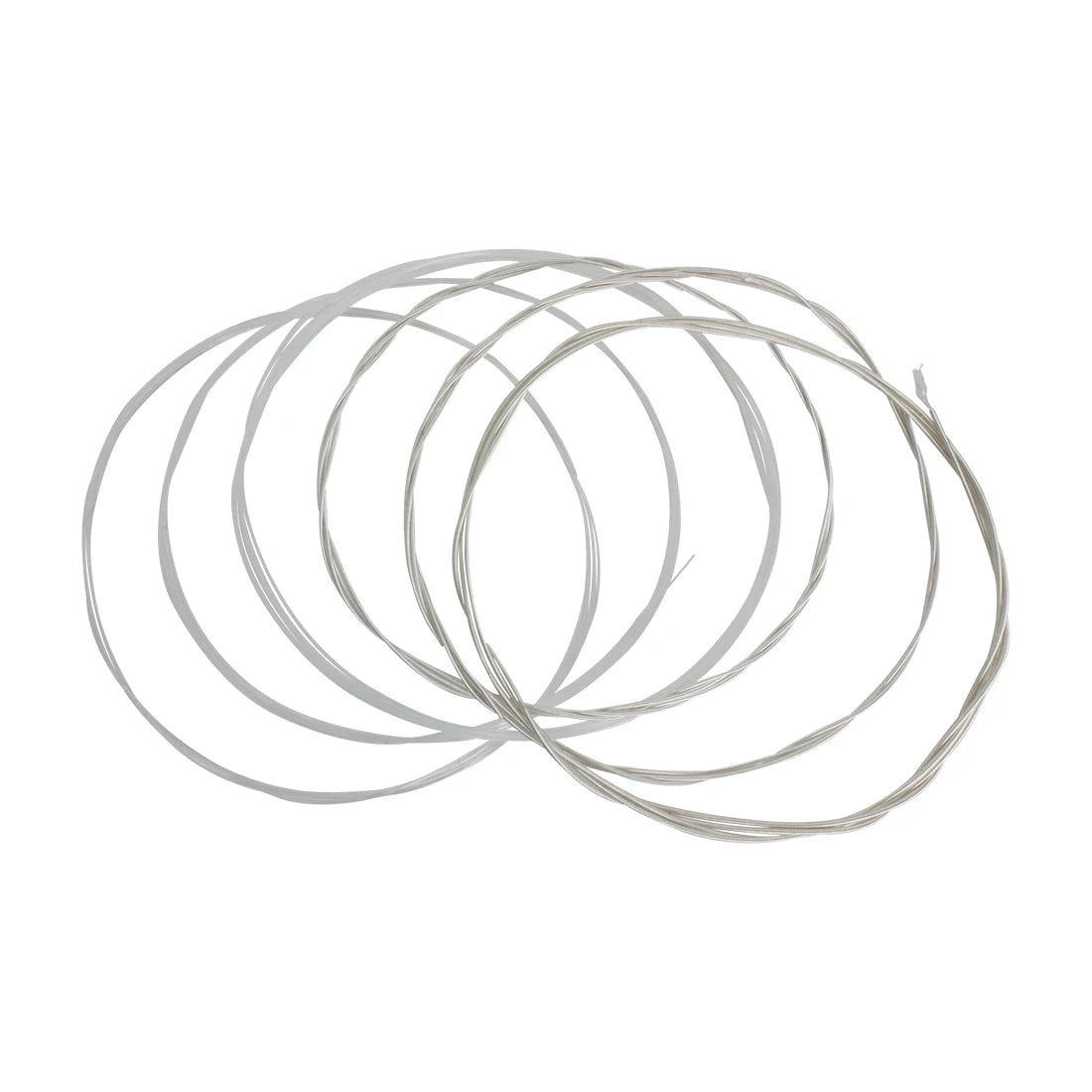A coil of silver-plated classical guitar strings with a transparent nylon core.
