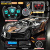 A black and orange remote control racing car with tires, battery, and charging cable shown in various angles.