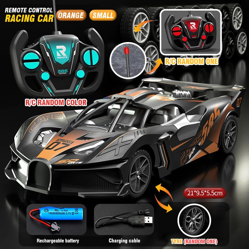 A black and orange remote control racing car with tires, battery, and charging cable shown in various angles.