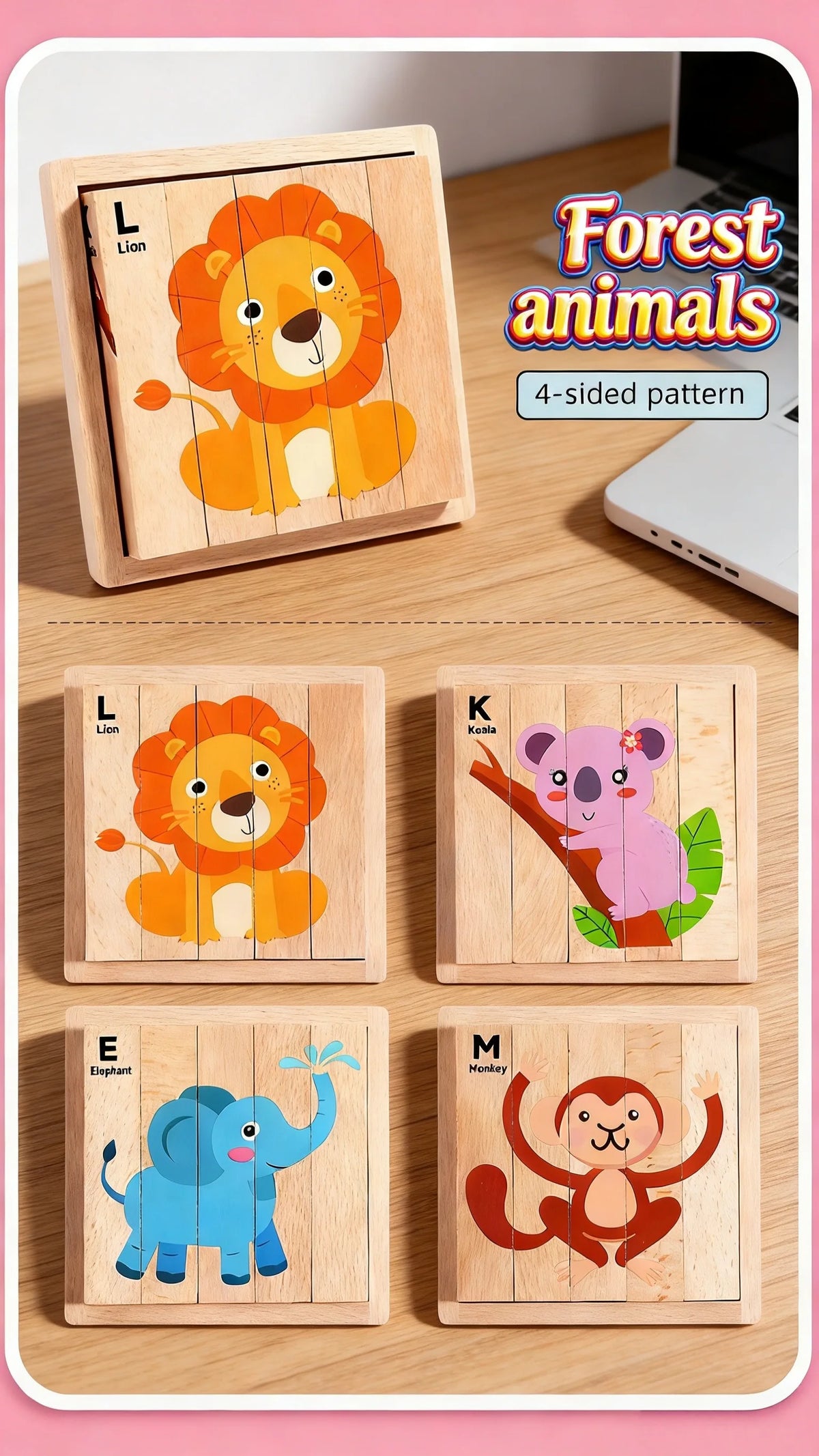 A set of four wooden jigsaw puzzles featuring forest animals like a lion, koala, elephant, and monkey.