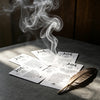 A stack of oracle cards with text and symbols is shown on a dark surface, with smoke rising above them.