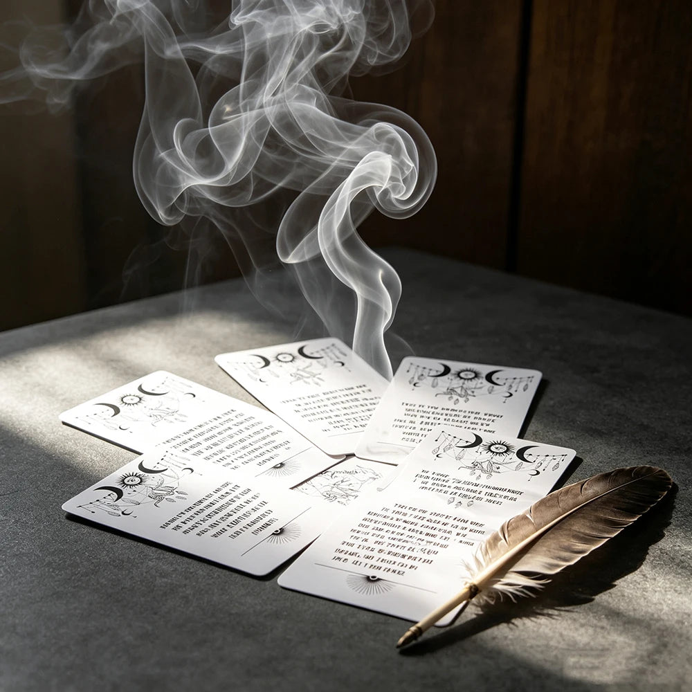 A stack of oracle cards with text and symbols is shown on a dark surface, with smoke rising above them.