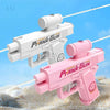 A pink and white plank gun toy is shown being fired, with a white version positioned behind it against a light blue sky and s