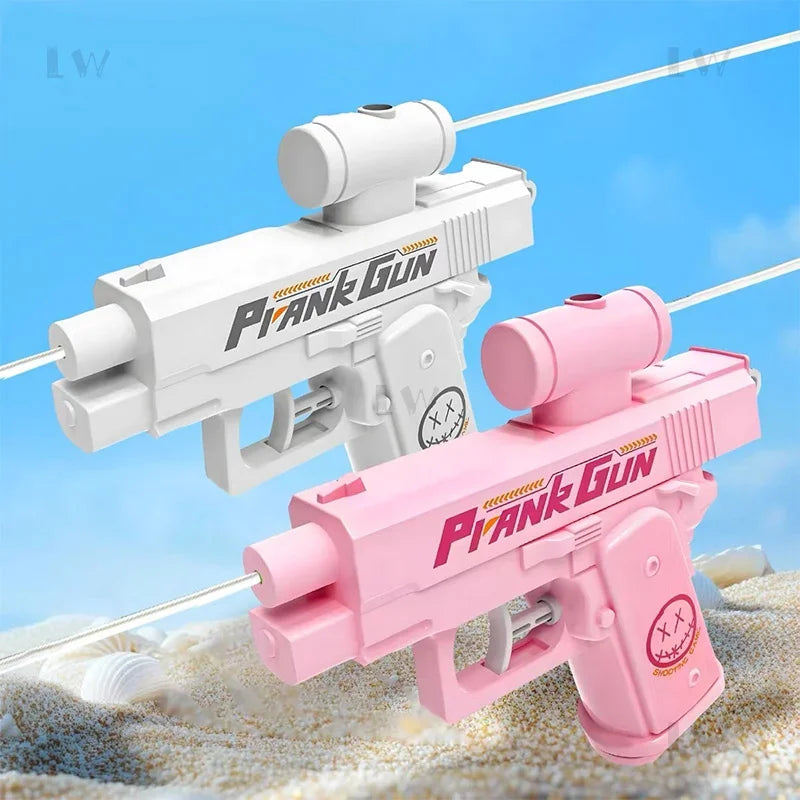A pink and white plank gun toy is shown being fired, with a white version positioned behind it against a light blue sky and s
