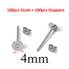 A collection of 100 studs and 100 stoppers made of stainless steel, measuring 4mm.