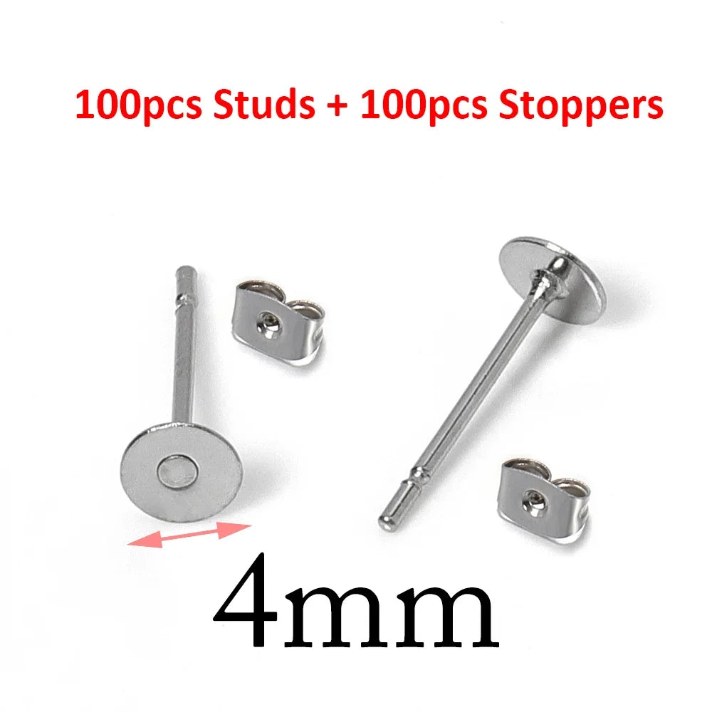 A collection of 100 studs and 100 stoppers made of stainless steel, measuring 4mm.