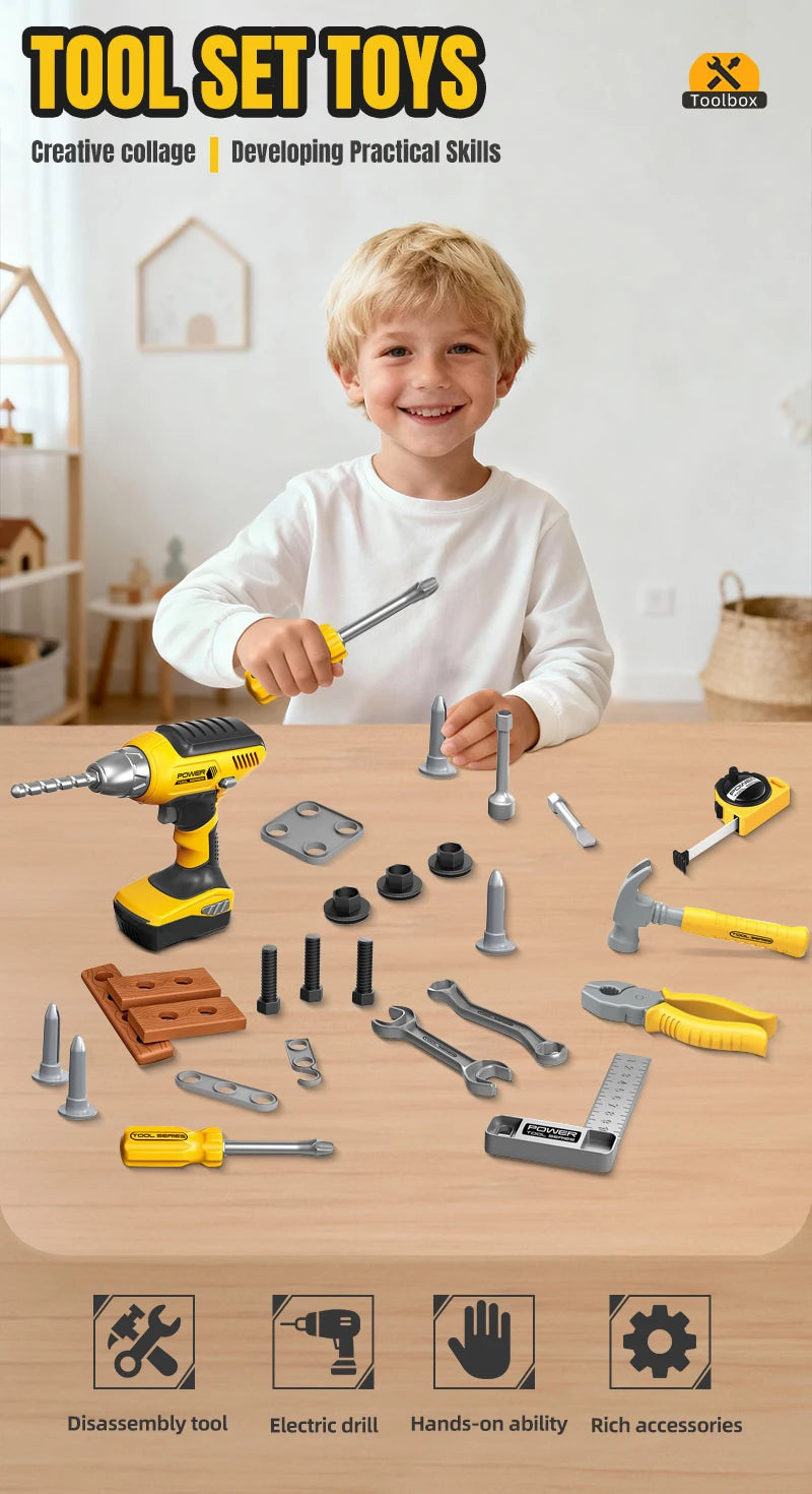 A young boy holds a yellow and black tool set for kids, including drills, screwdrivers, and hammers, on a wooden table.