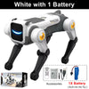 White Robot Dog toy with a screen and battery, shown in a side view.