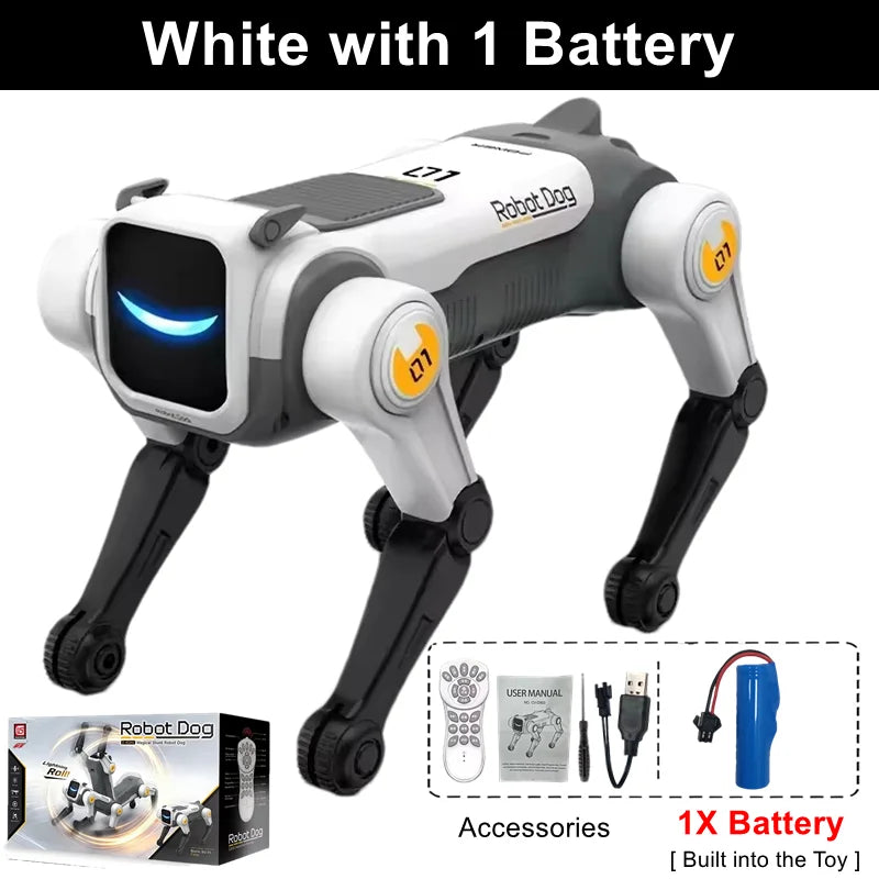 White Robot Dog toy with a screen and battery, shown in a side view.