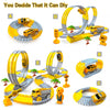 A set of glow-in-the-dark LED race car tracks and vehicles for kids, featuring yellow and gray components.