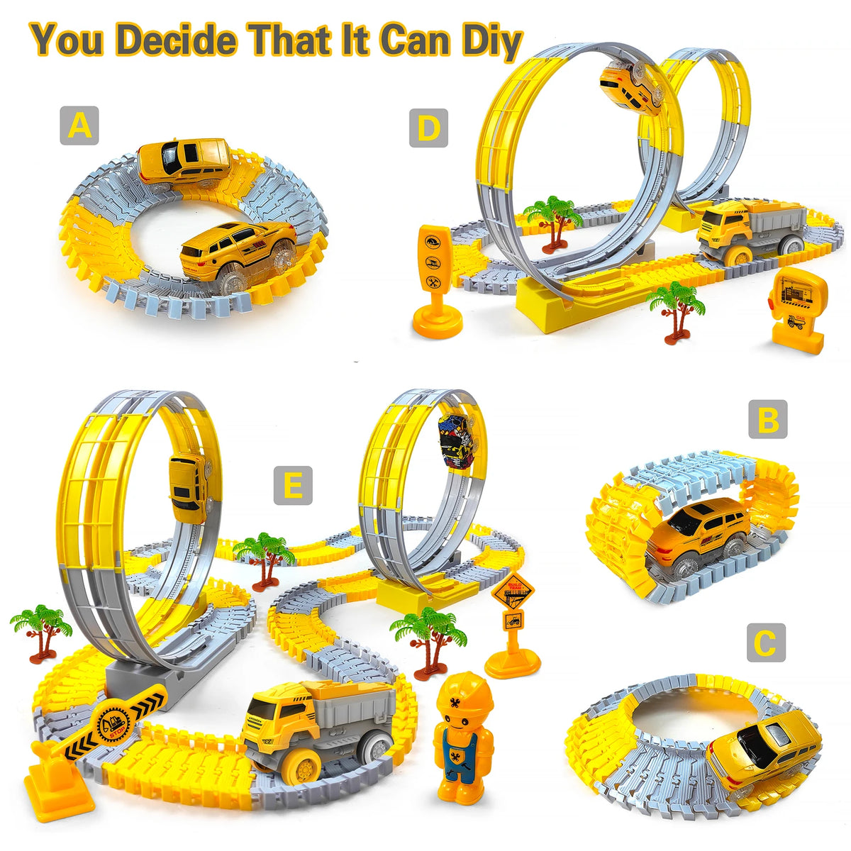 A set of glow-in-the-dark LED race car tracks and vehicles for kids, featuring yellow and gray components.