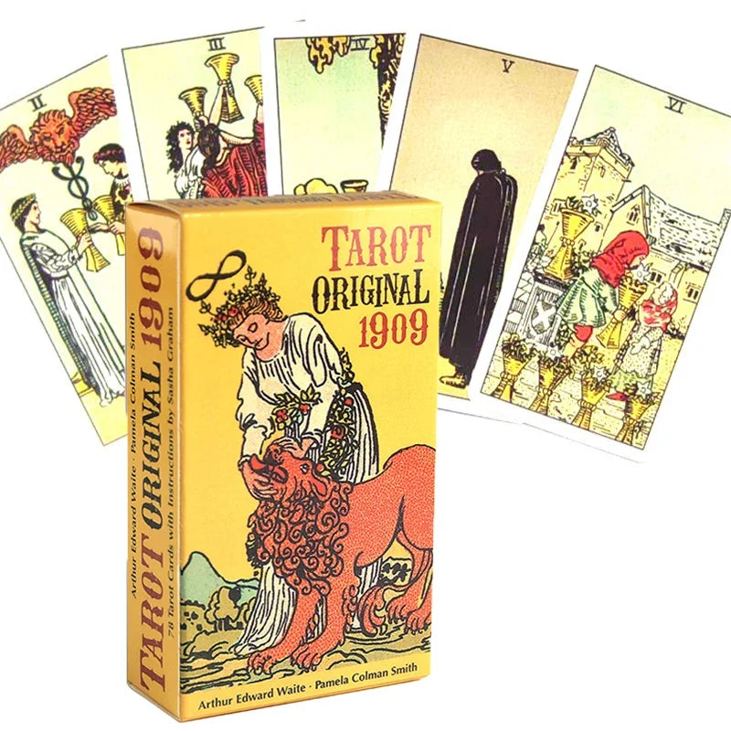 A box of the Tarot Original 1909 deck with several cards displayed around it.