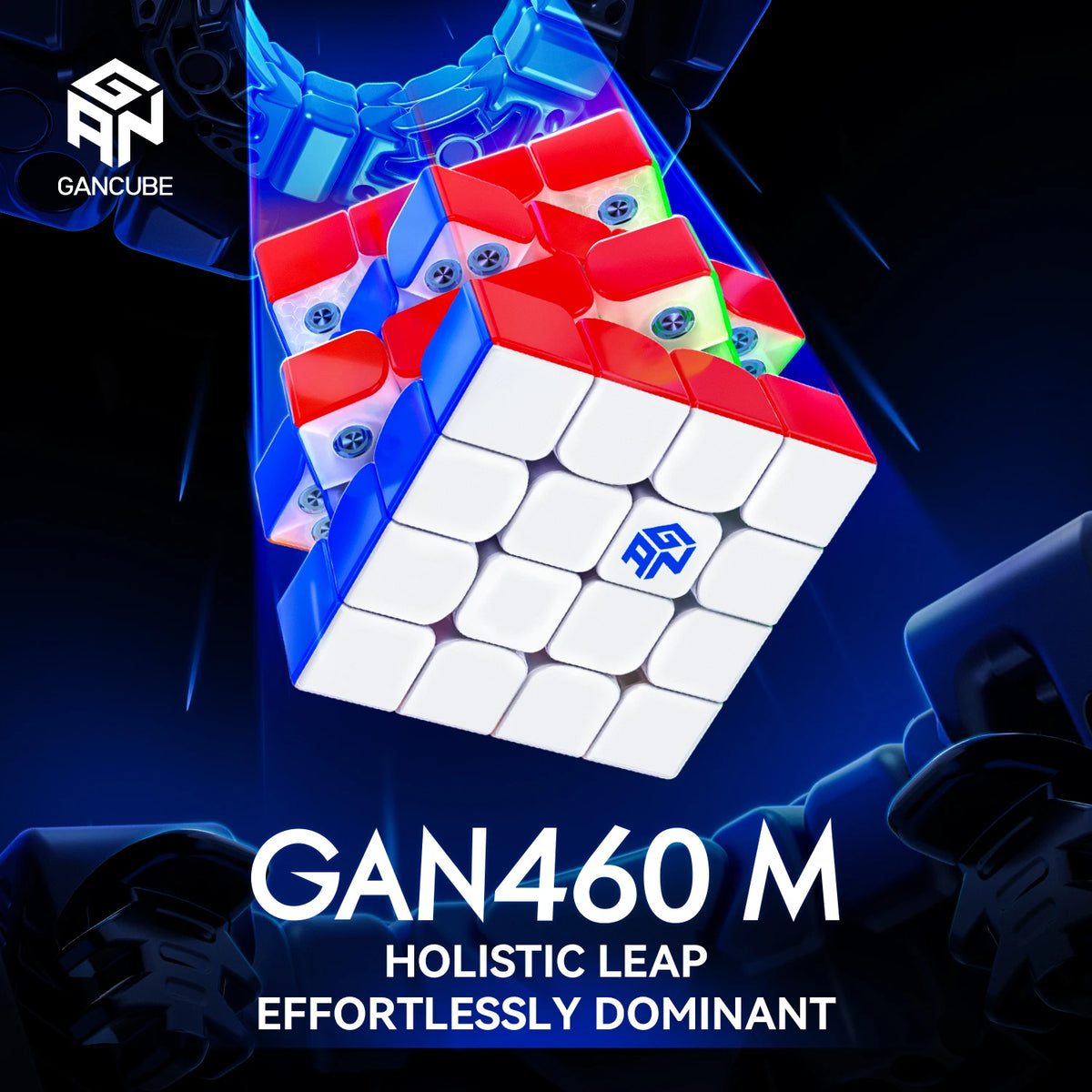 A close-up view of the GAN 460 M magnetic speed cube in various colors and a white puzzle piece arrangement.