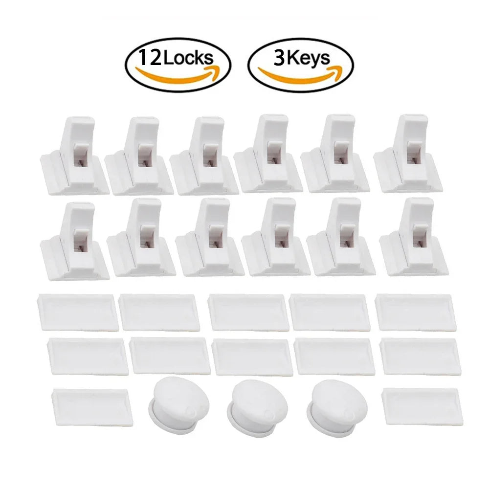 A set of magnetic child safety cabinet locks and keys, including 12 locks and 3 keys.