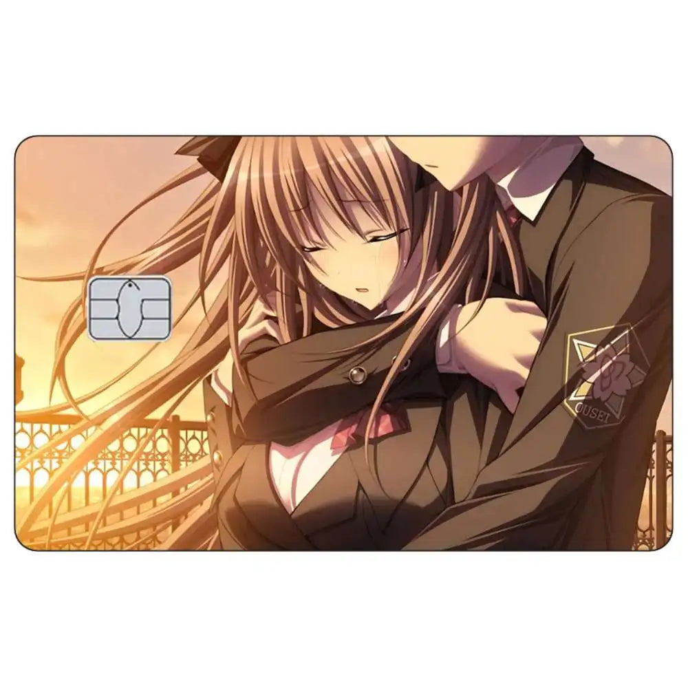 Anime girl with long brown hair is shown in a close-up, wearing a dark jacket.