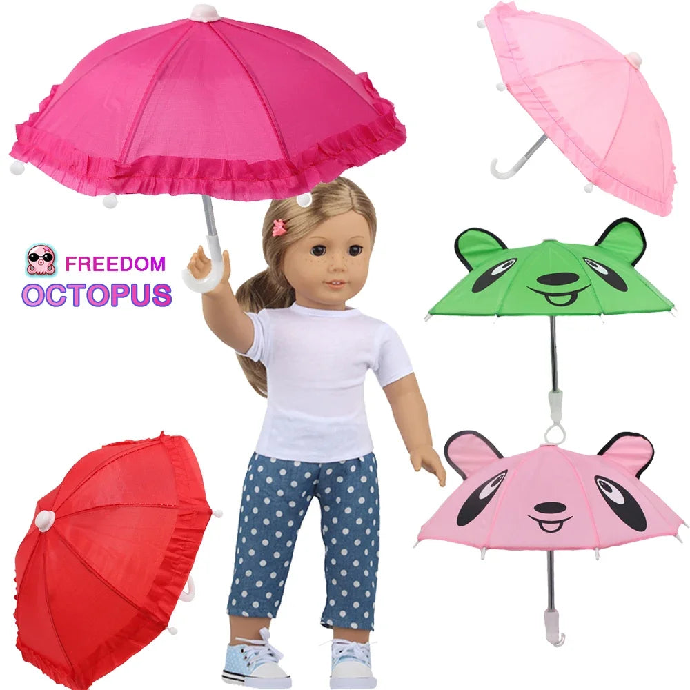 A mini doll plays with various colored umbrellas including pink, red, and green.