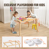 Wooden sensory activity table for kids with a double-sided top and foldable bins used in a playroom.