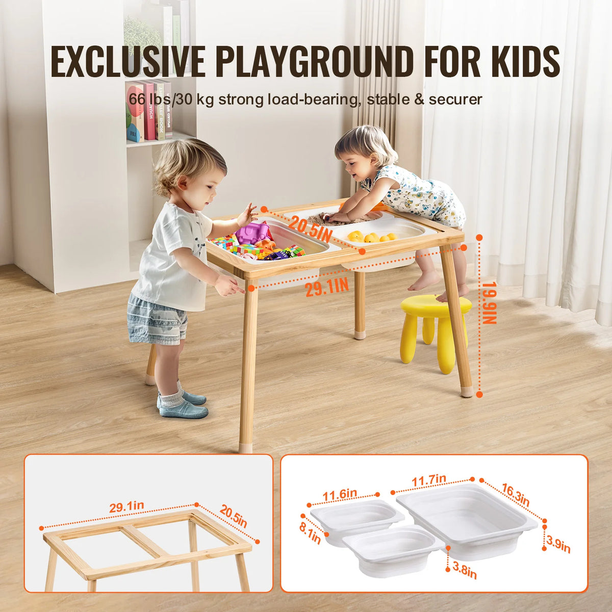 Wooden sensory activity table for kids with a double-sided top and foldable bins used in a playroom.