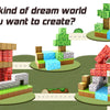 A set of magnetic building tiles showing various creations like a brick house, a tree, and a red roof structure.
