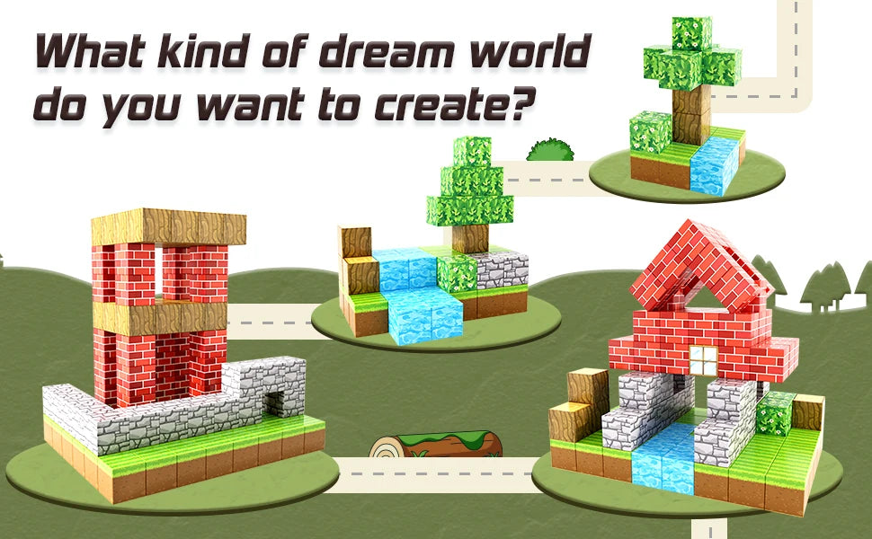 A set of magnetic building tiles showing various creations like a brick house, a tree, and a red roof structure.