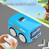 A blue Mini Bus toy is shown being controlled by a hand using a remote control, demonstrating the remote control mode.