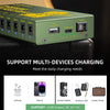 A green portable power supply box with multiple DC outputs for multi-device charging.