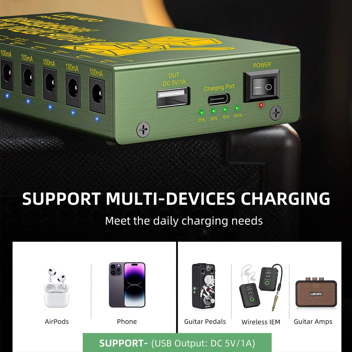 A green portable power supply box with multiple DC outputs for multi-device charging.