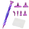 A set of purple resin diamond painting pens with various threaded dotting tips and a clear storage tray.