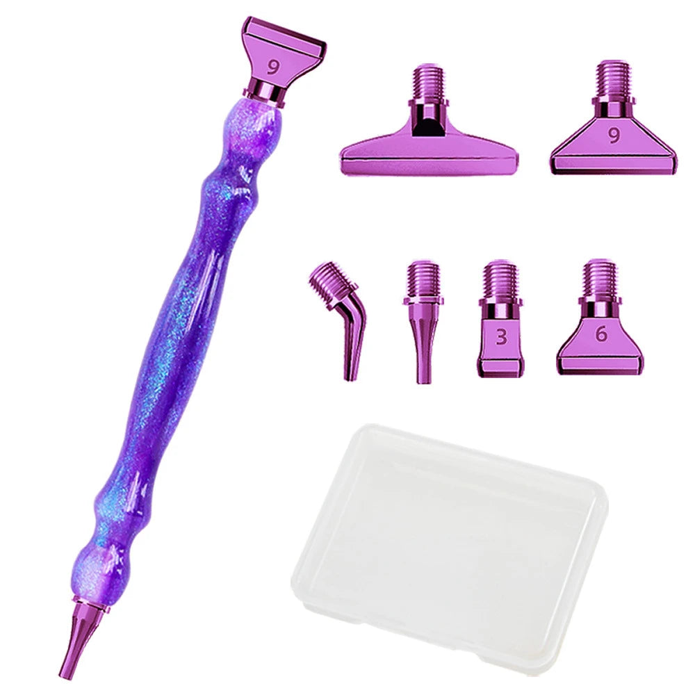 A set of purple resin diamond painting pens with various threaded dotting tips and a clear storage tray.