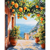 A vibrant painting of an orange-laden tree and a coastal view with white buildings.