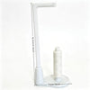 A white vertical sewing machine spool holder with a guide for anti-tangle thread.