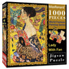A box of a 1000-piece jigsaw puzzle featuring a portrait of a lady with a fan in a vibrant, ornate style.