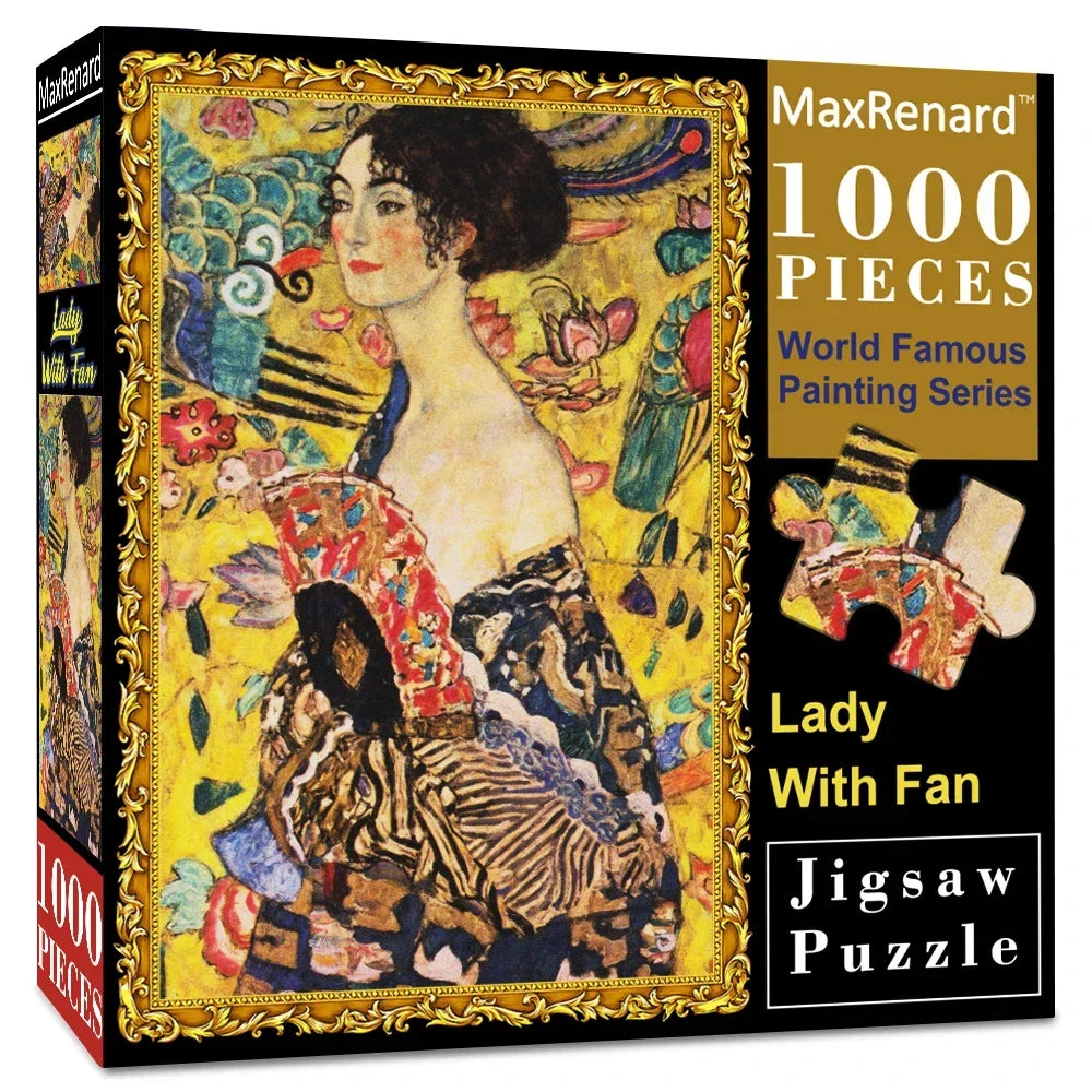 A box of a 1000-piece jigsaw puzzle featuring a portrait of a lady with a fan in a vibrant, ornate style.