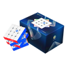 A blue magnetic speed cube with a white puzzle inside, shown next to an open box.