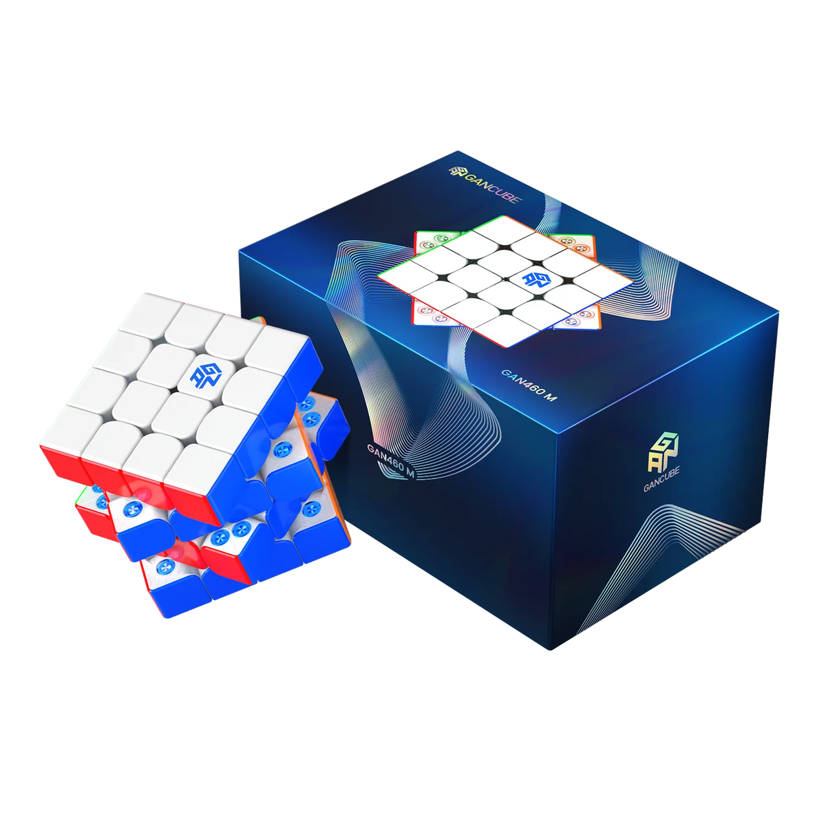 A blue magnetic speed cube with a white puzzle inside, shown next to an open box.