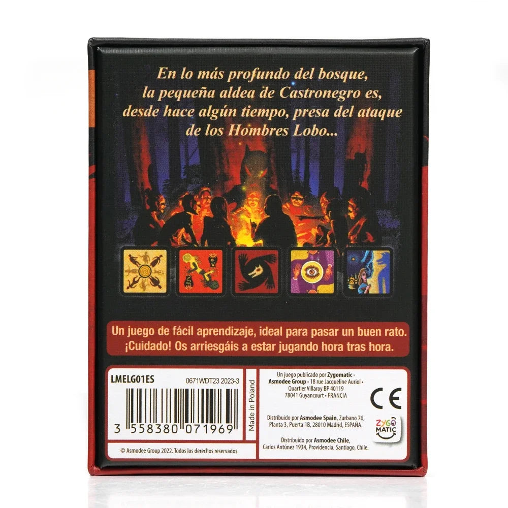Box of the Werewolf strategy card game featuring a dark forest scene and various game components.