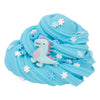 A light blue slime kit featuring a dinosaur and cake design with small white snowflake decorations.