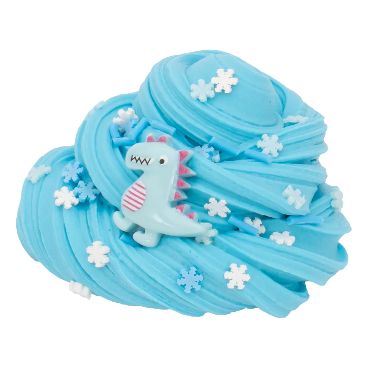 A light blue slime kit featuring a dinosaur and cake design with small white snowflake decorations.