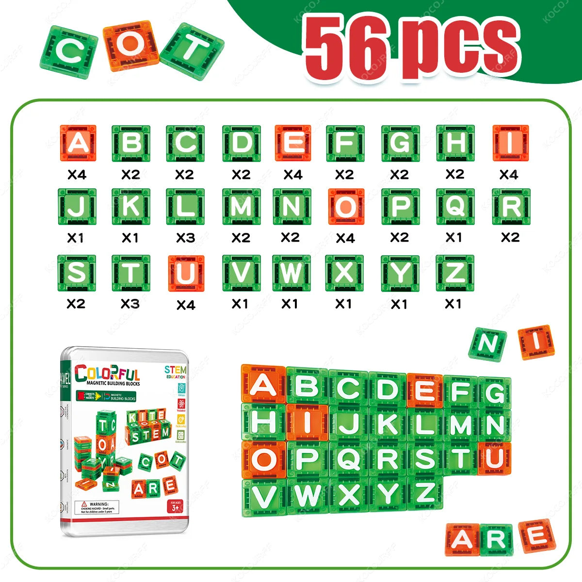 A set of magnetic building blocks featuring uppercase letters A through Z and the word ARE