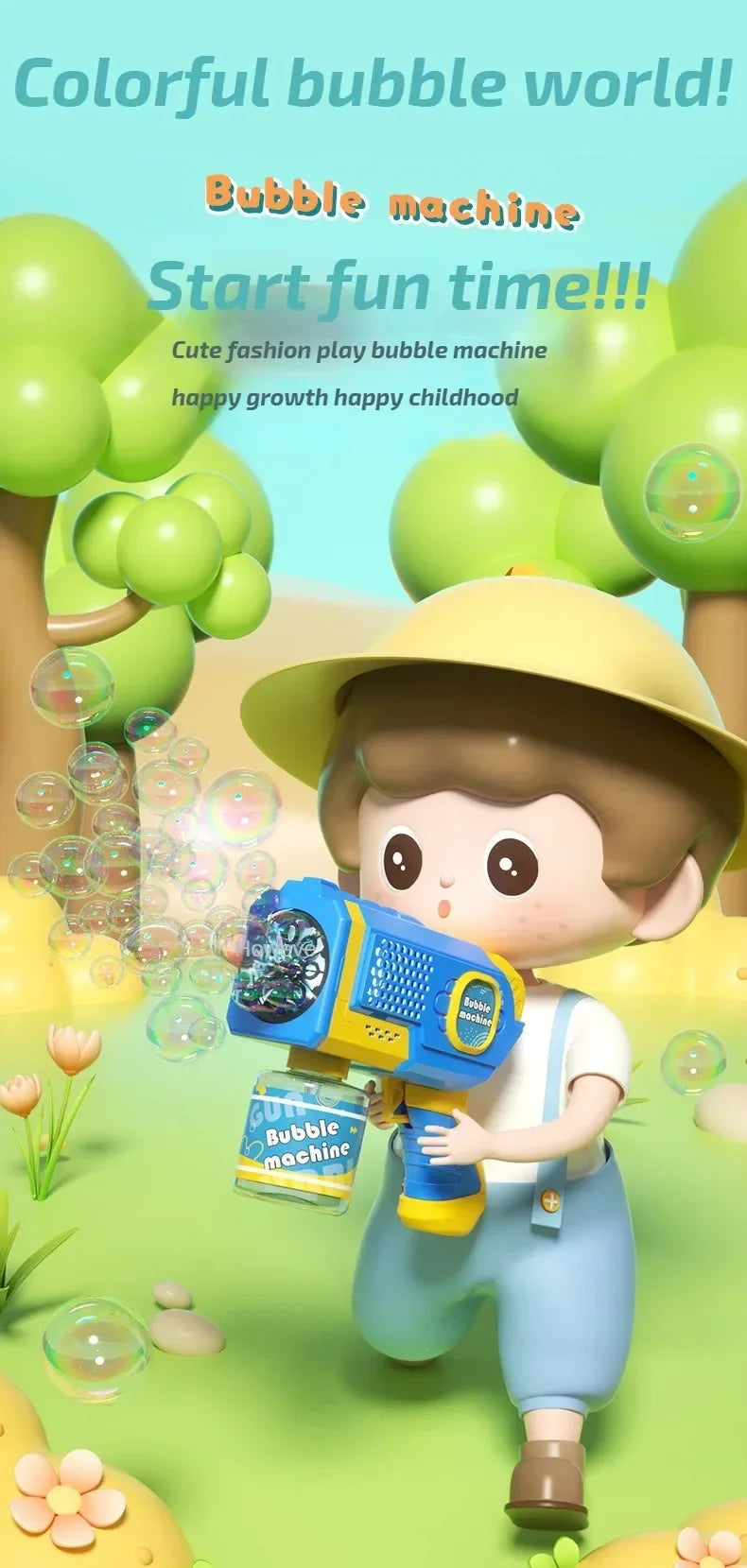 A young boy is playing with a yellow and blue electric bubble machine toy, surrounded by green bubbles.