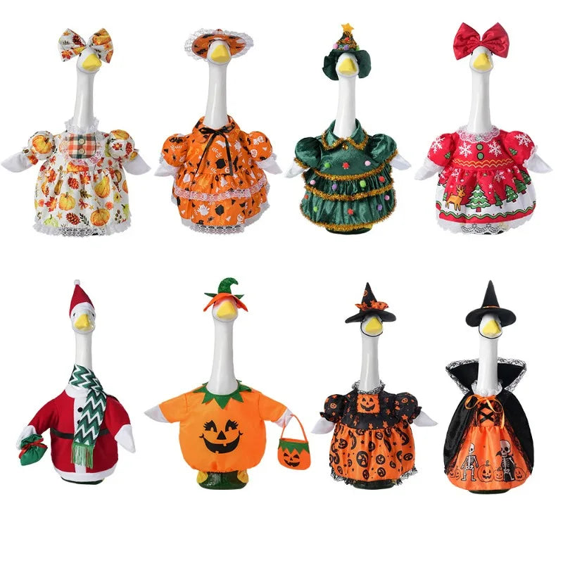 A collection of festive porch geese in various seasonal outfits and colors.