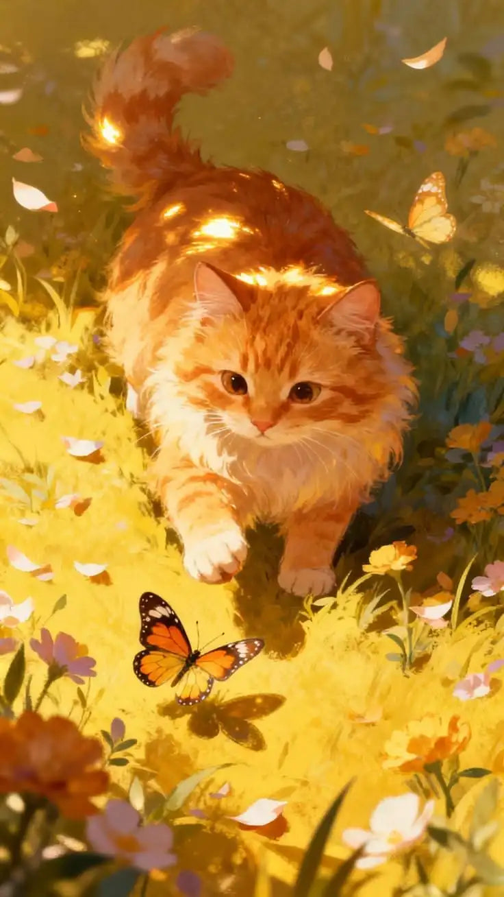 An orange tabby kitten is standing in a sunny yellow field surrounded by yellow and pink wildflowers, with butterflies flutte