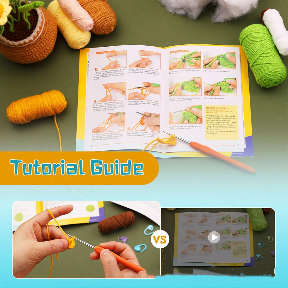 A tutorial guide showing how to crochet a plant, with yarn and tools visible.